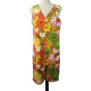 Talbots Pink Green Red Yellow Abstract Floral Lined Sleeveless Dress 8